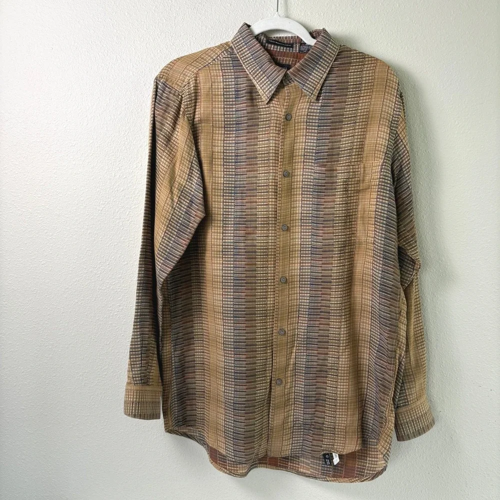 Jhane Barnes Button Down Shirt Mens L Brown Woven In Japan Cotton Stripes